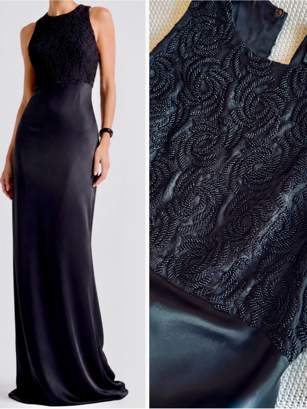 CARMEN MARC VALVO Elegant Black Beaded Satin Maxi Dress Evening Gown Prom